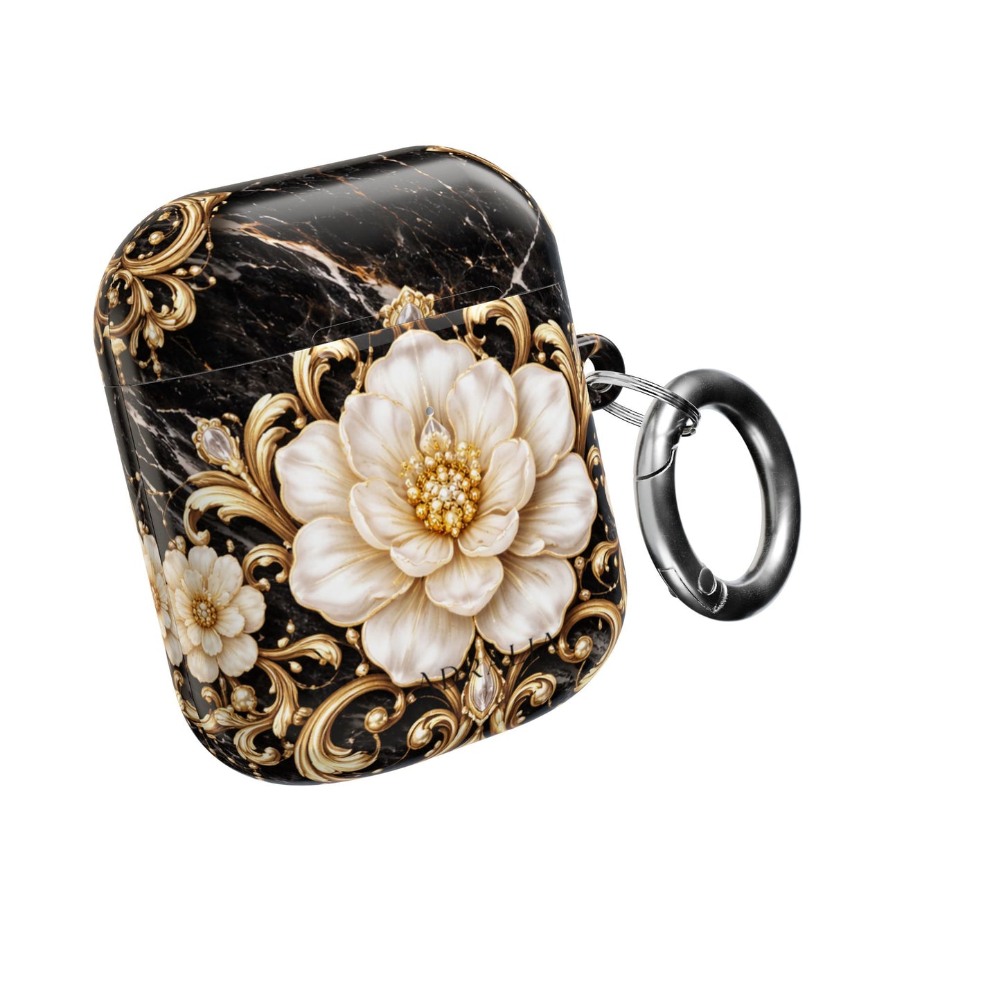 Floral Baroque AirPod Case — Black Marble Gold Flower Protective Cover
