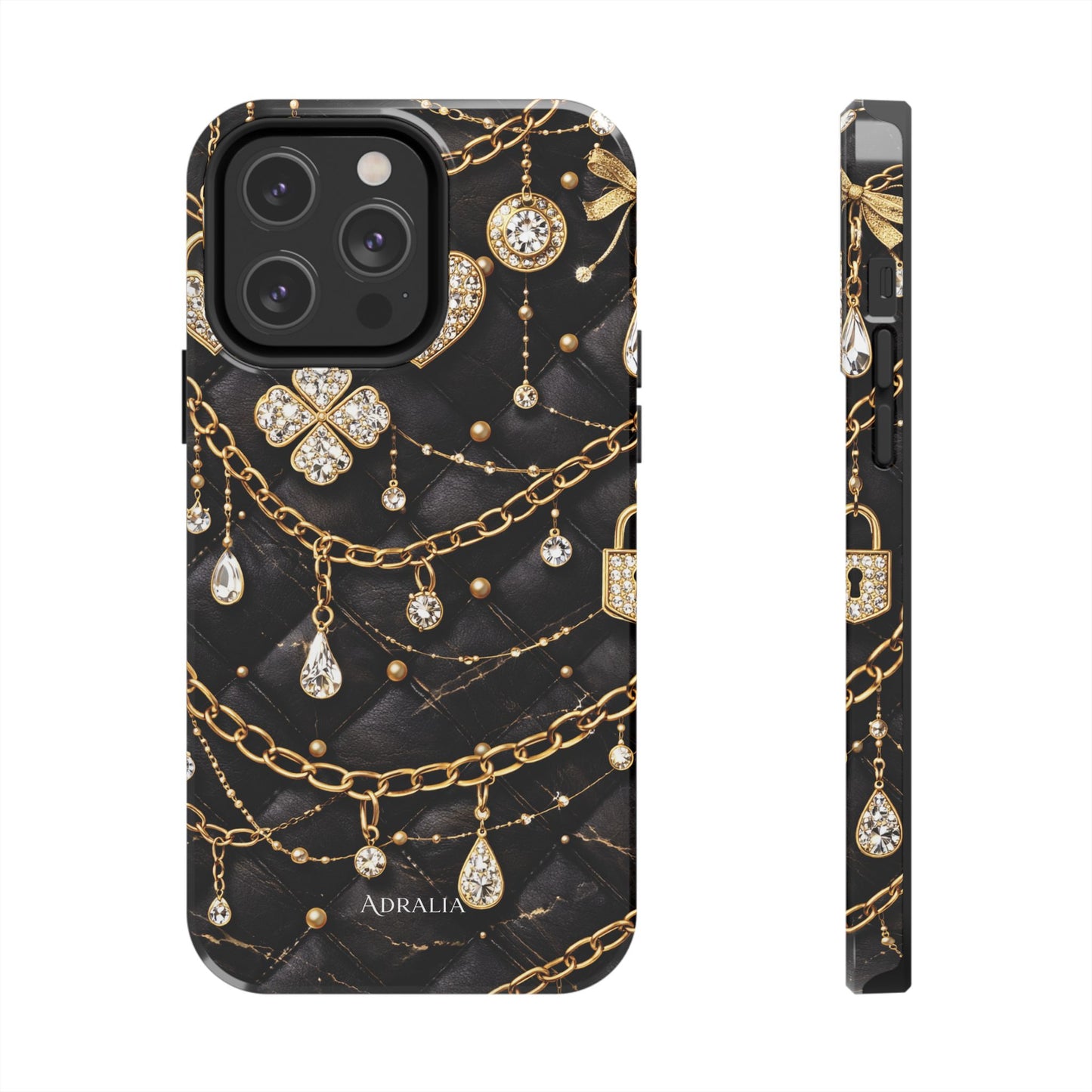 Quilted Black Luxe Phone Case — Gold Chain & Jewel Charm Design