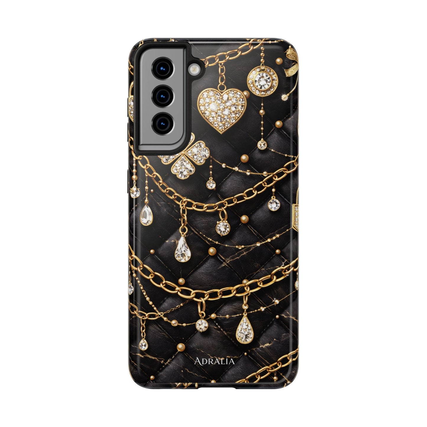 Quilted Black Luxe Phone Case — Gold Chain & Jewel Charm Design