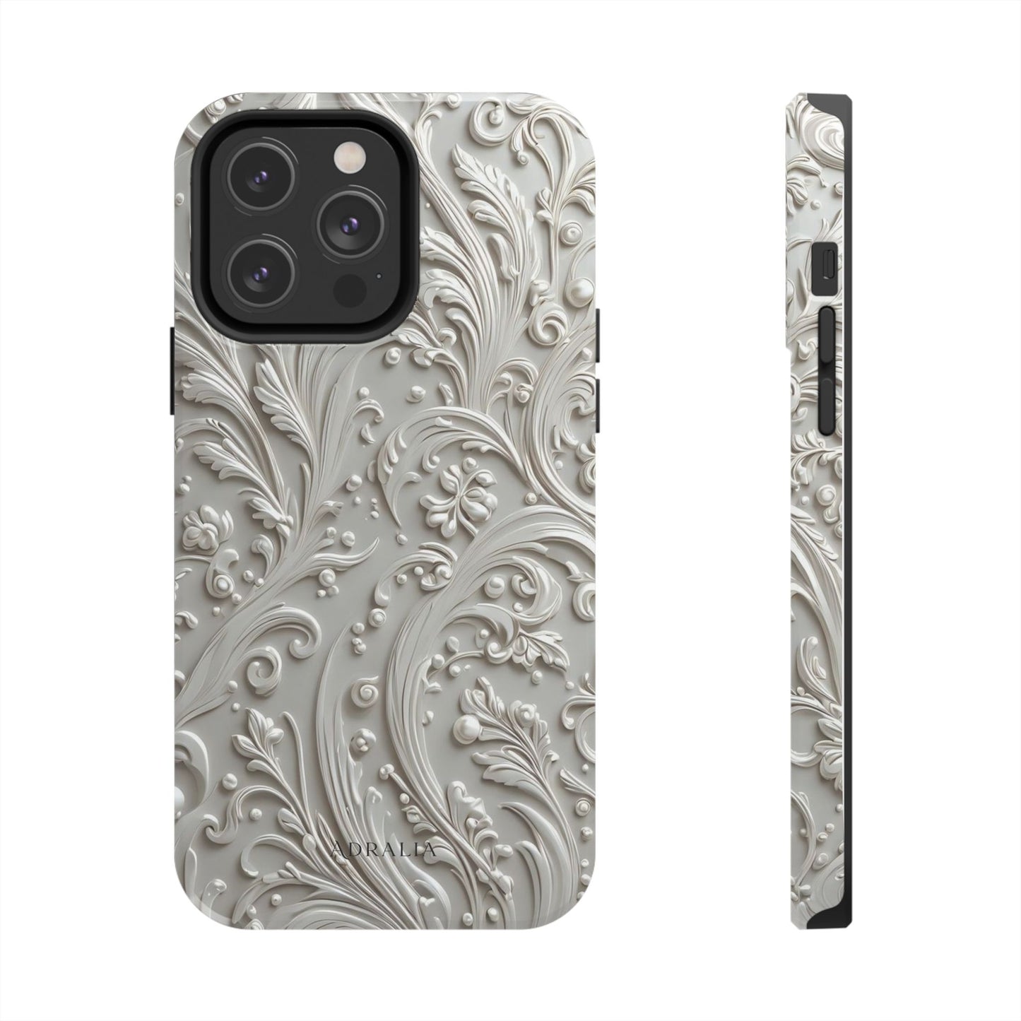 Ornate Baroque Relief Tough Phone Case — Gray Floral Scroll Protective Cover