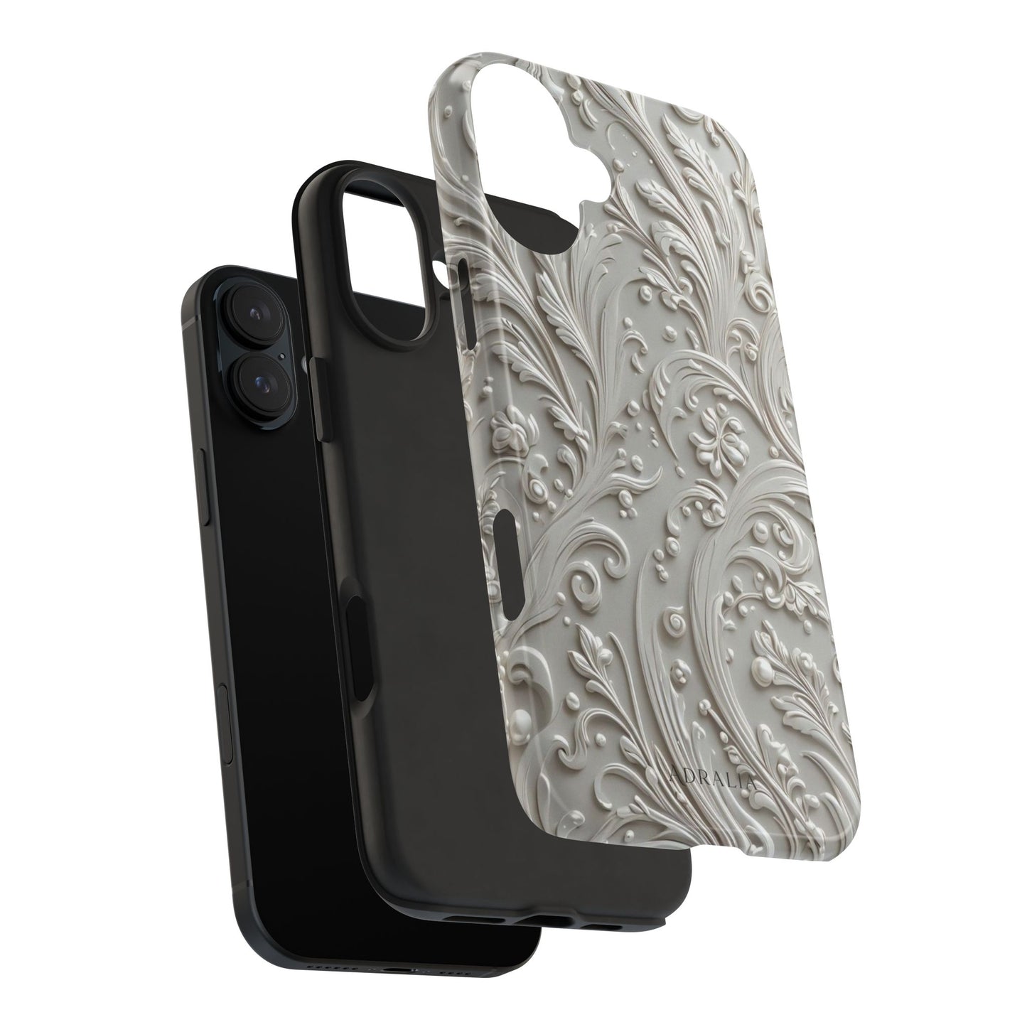 Ornate Baroque Relief Tough Phone Case — Gray Floral Scroll Protective Cover