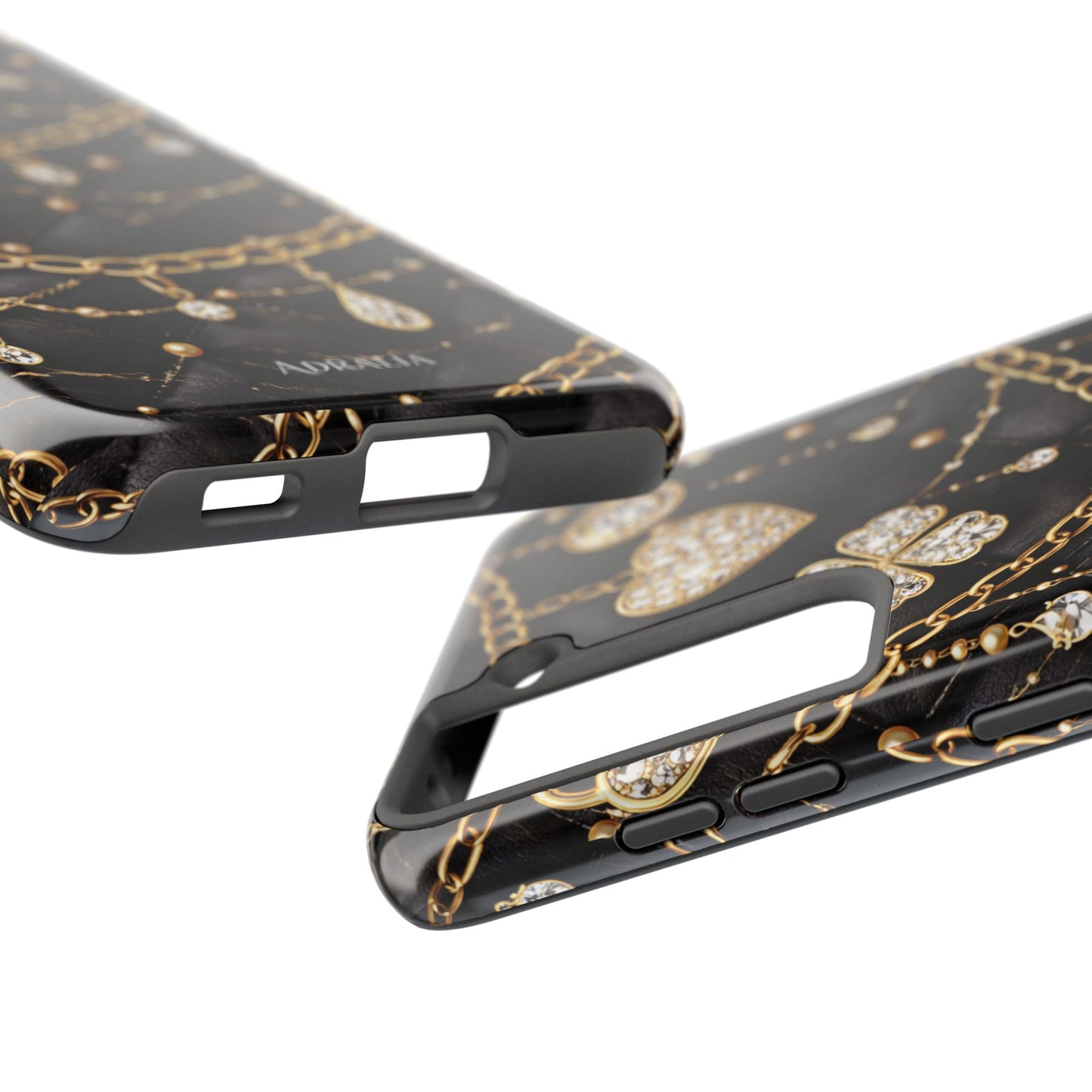 Quilted Black Luxe Phone Case — Gold Chain & Jewel Charm Design