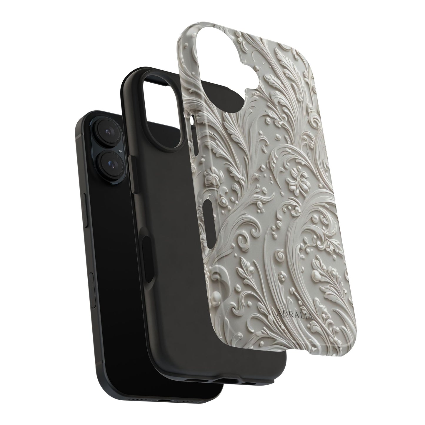 Ornate Baroque Relief Tough Phone Case — Gray Floral Scroll Protective Cover