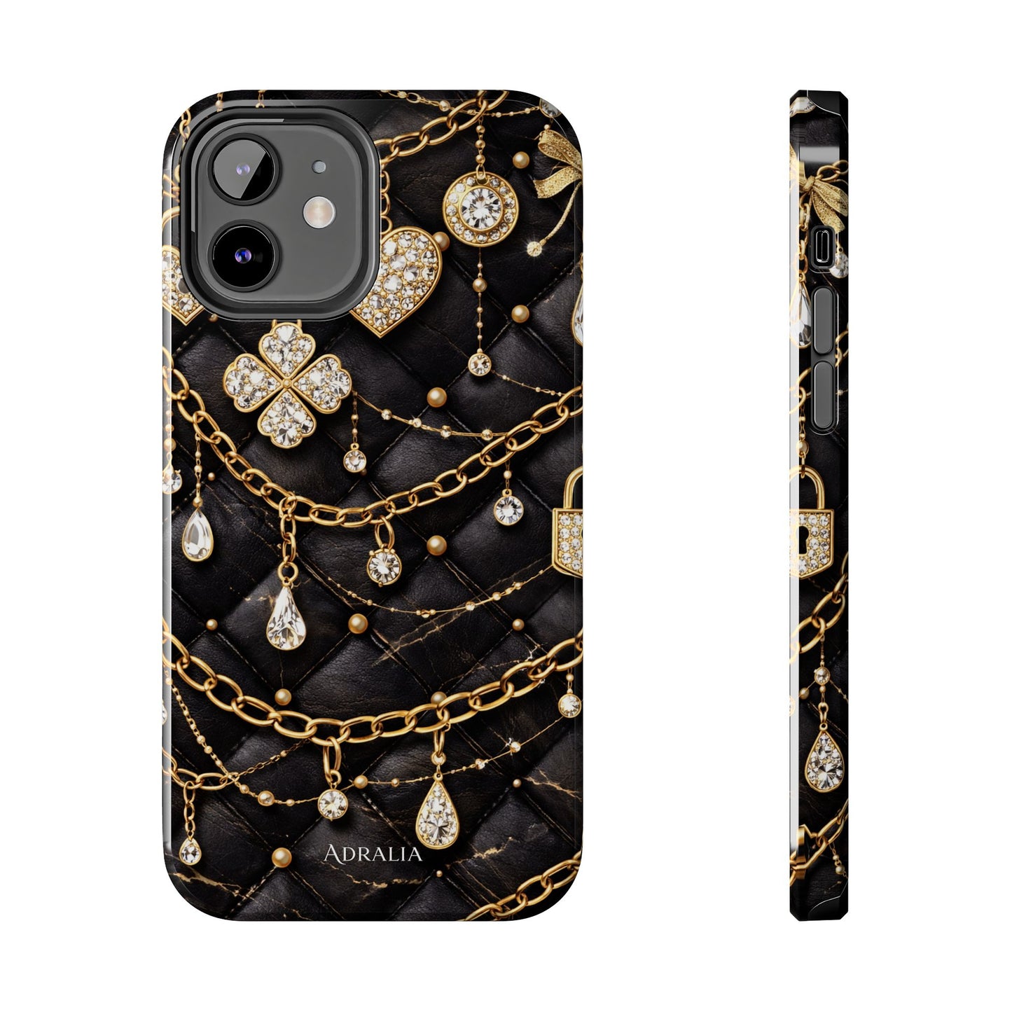 Quilted Black Luxe Phone Case — Gold Chain & Jewel Charm Design