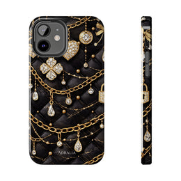 Quilted Black Luxe Phone Case — Gold Chain & Jewel Charm Design