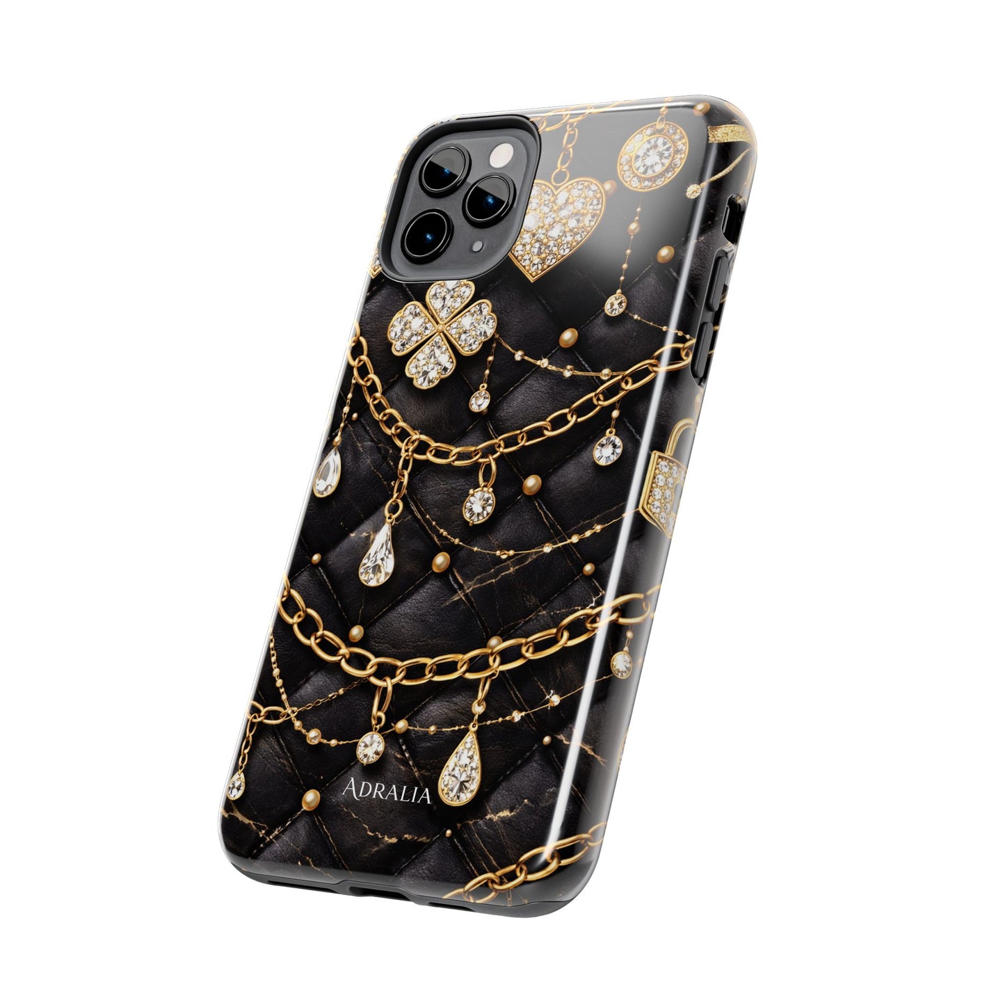 Quilted Black Luxe Phone Case — Gold Chain & Jewel Charm Design