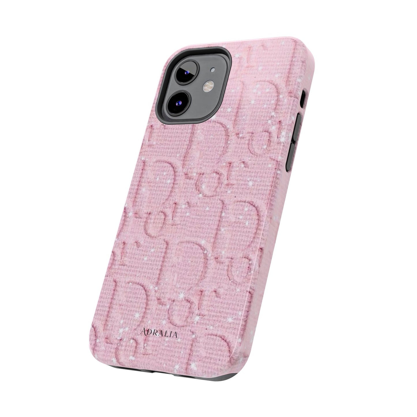 Pink Embossed Tough Phone Case – 'Adralia' Glitter Monogram Protective Cover