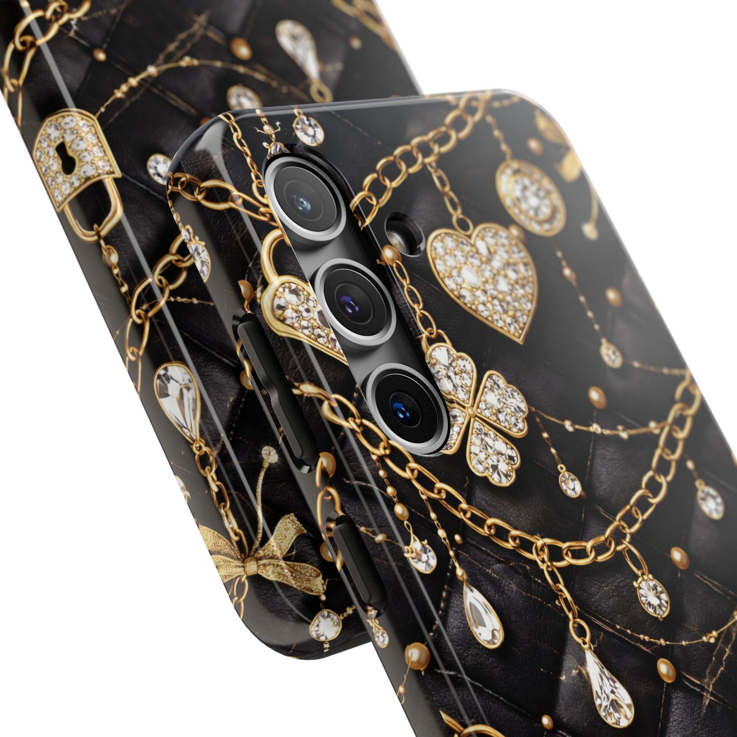 Quilted Black Luxe Phone Case — Gold Chain & Jewel Charm Design