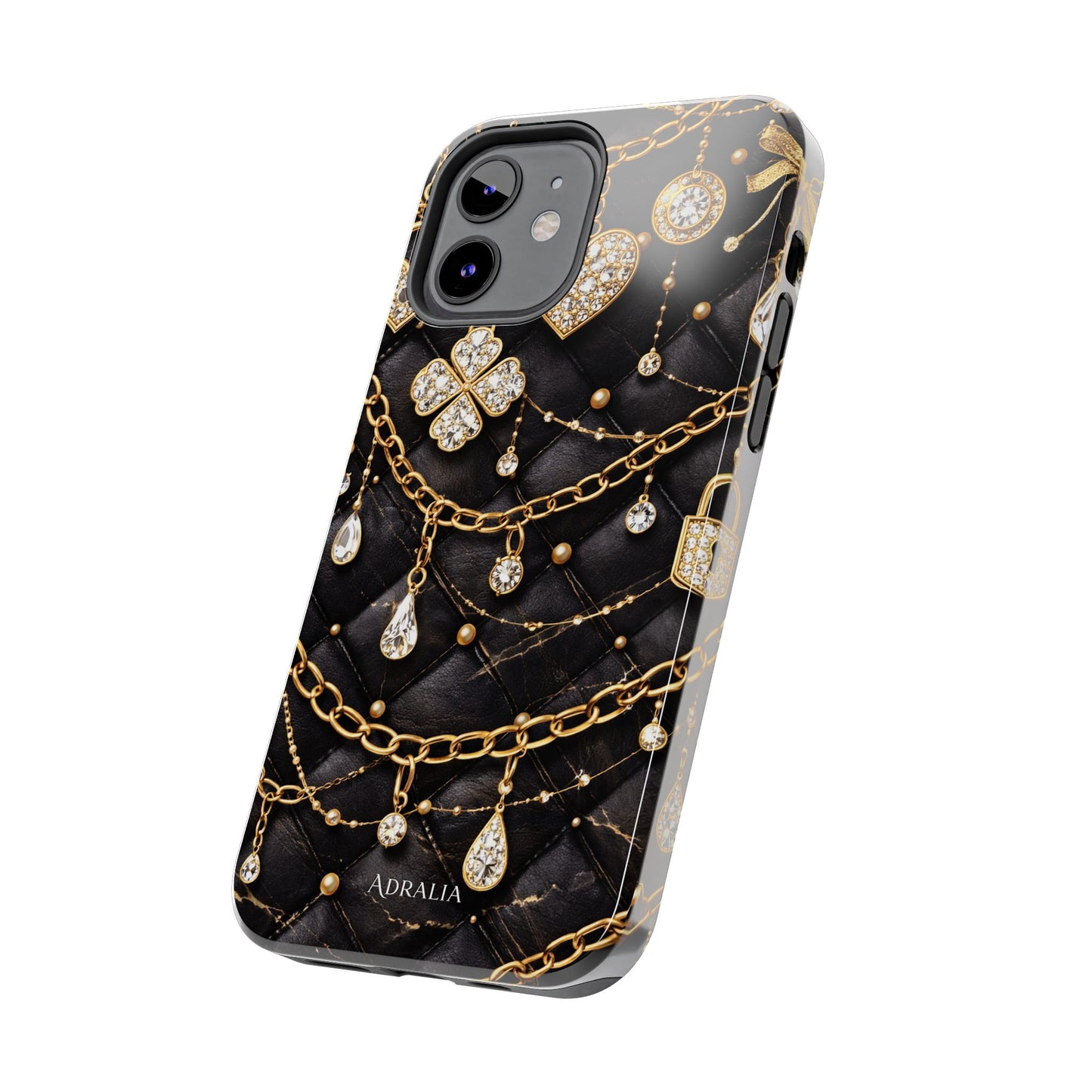 Quilted Black Luxe Phone Case — Gold Chain & Jewel Charm Design