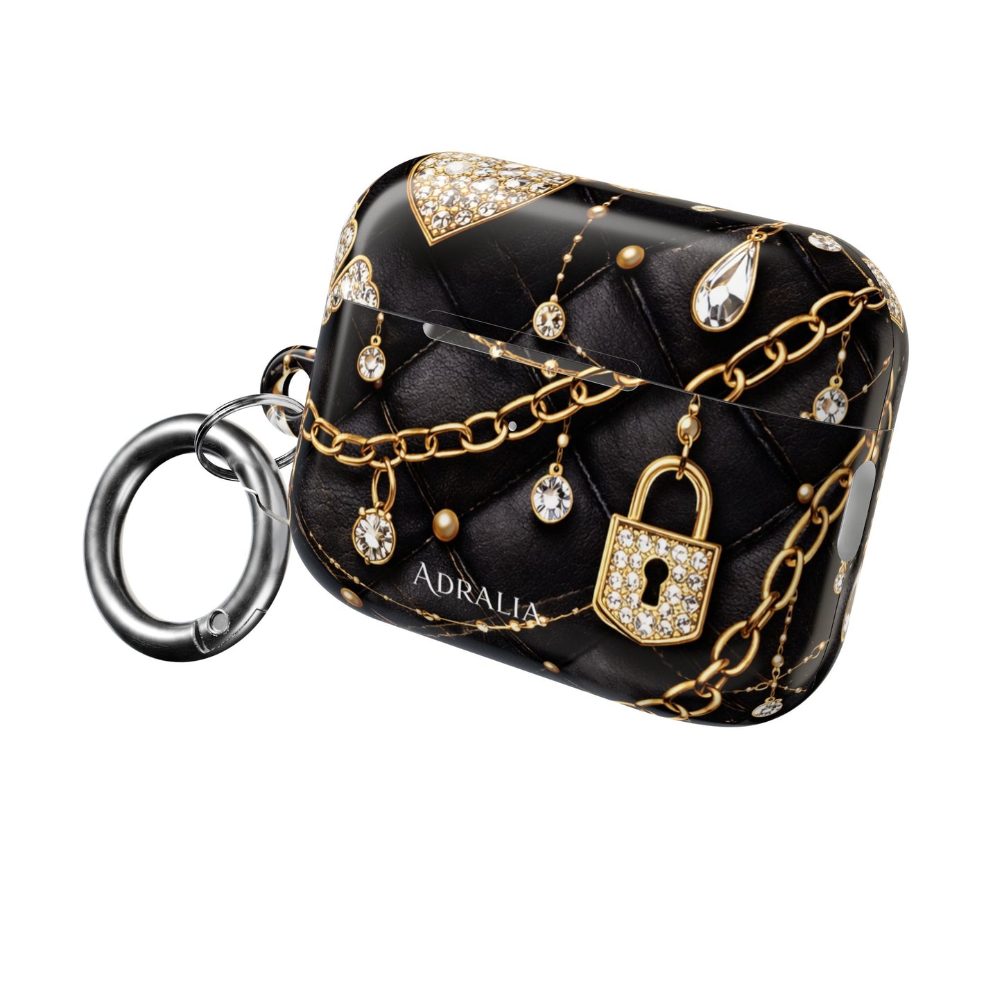 Lux Quilted Black AirPod Case — Gold Chain & Diamond Lock Design