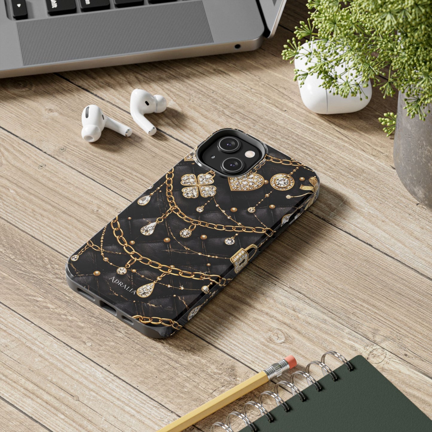 Quilted Black Luxe Phone Case — Gold Chain & Jewel Charm Design