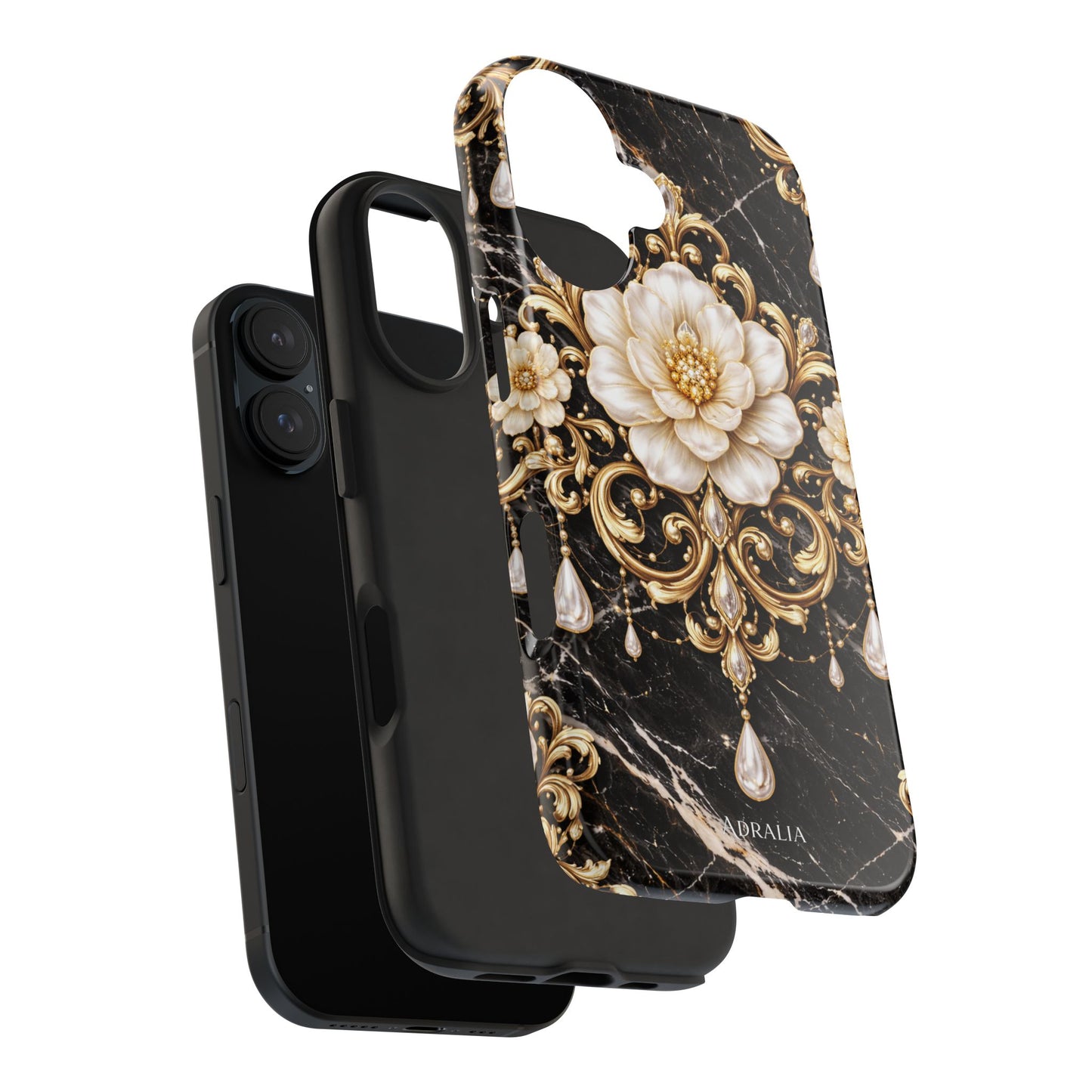Phone Case — Black Marble Floral Baroque Tough Protective Cover