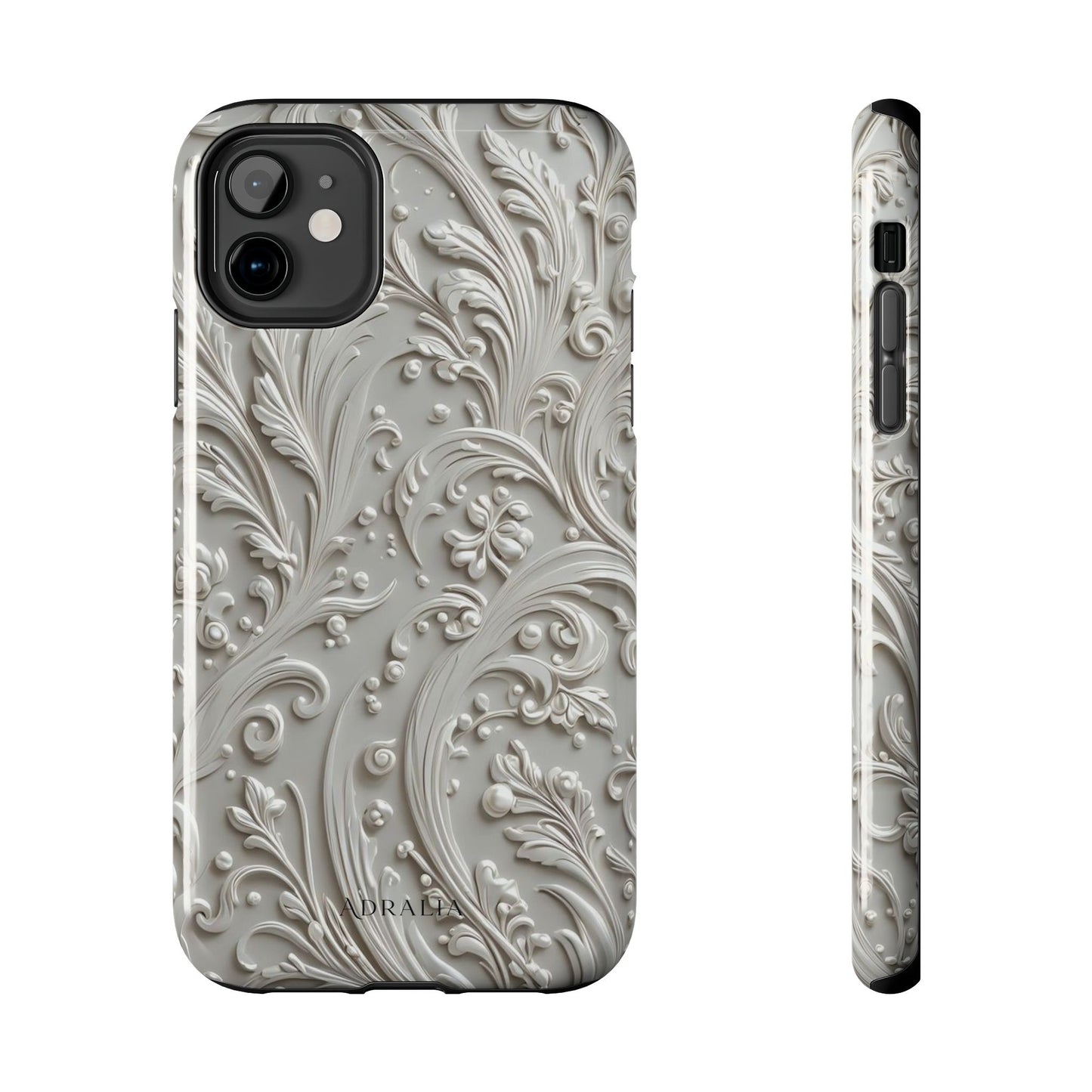Ornate Baroque Relief Tough Phone Case — Gray Floral Scroll Protective Cover