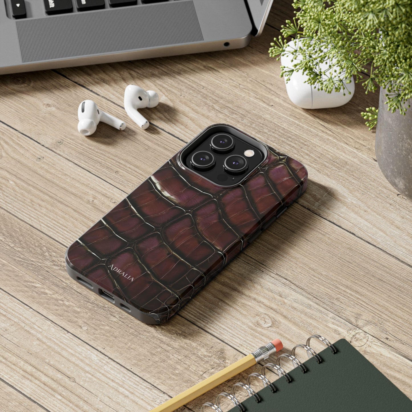 Croc-Embossed Tough Phone Case — Burgundy Faux Alligator with ADRALIA Accent