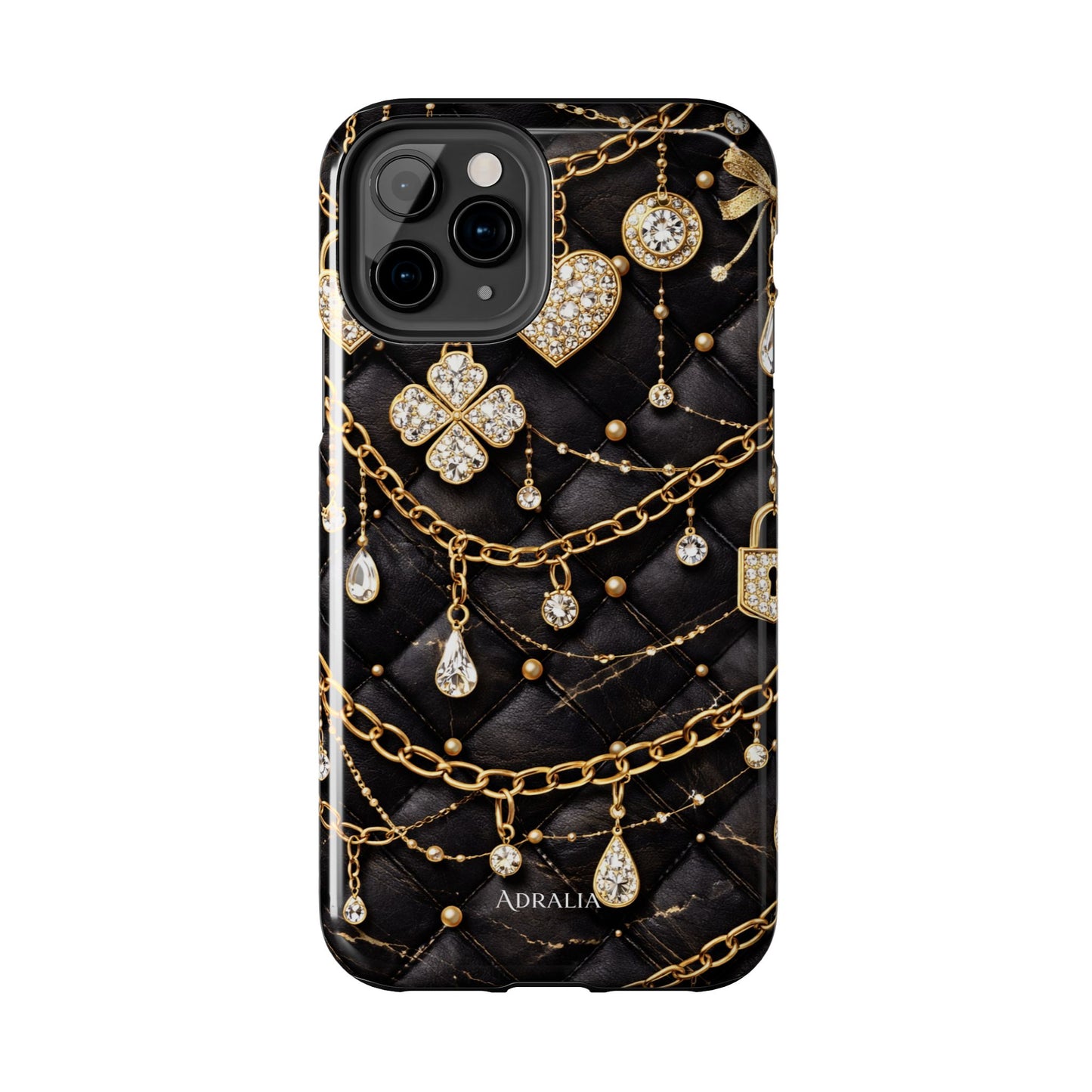 Quilted Black Luxe Phone Case — Gold Chain & Jewel Charm Design