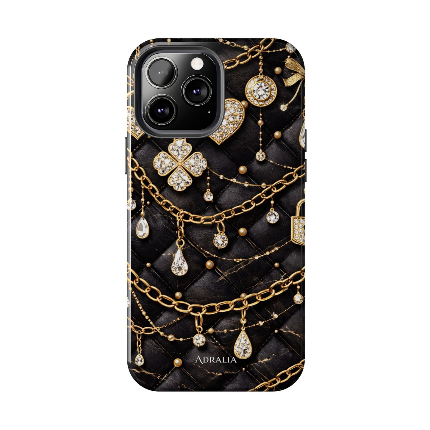 Quilted Black Luxe Phone Case — Gold Chain & Jewel Charm Design