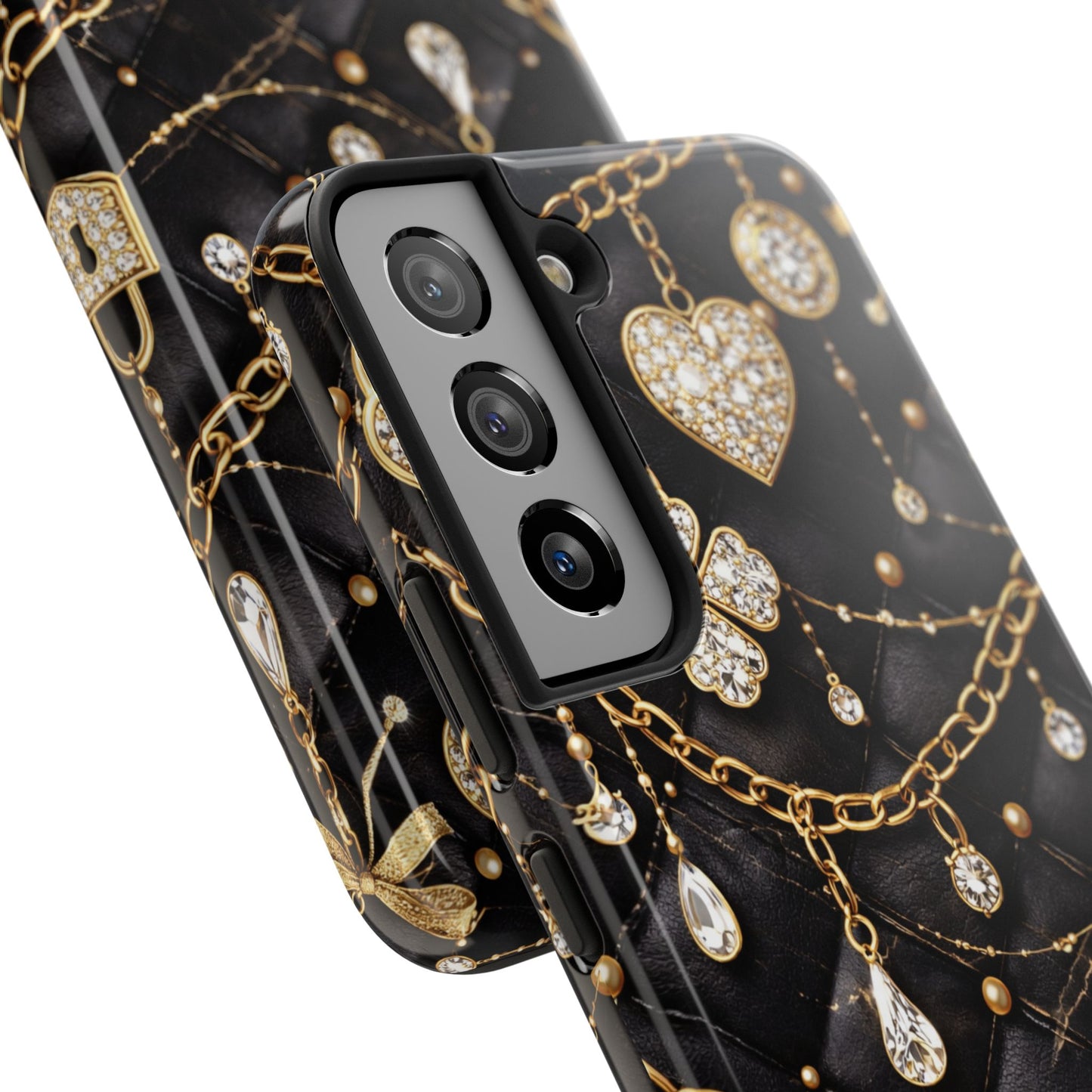 Quilted Black Luxe Phone Case — Gold Chain & Jewel Charm Design