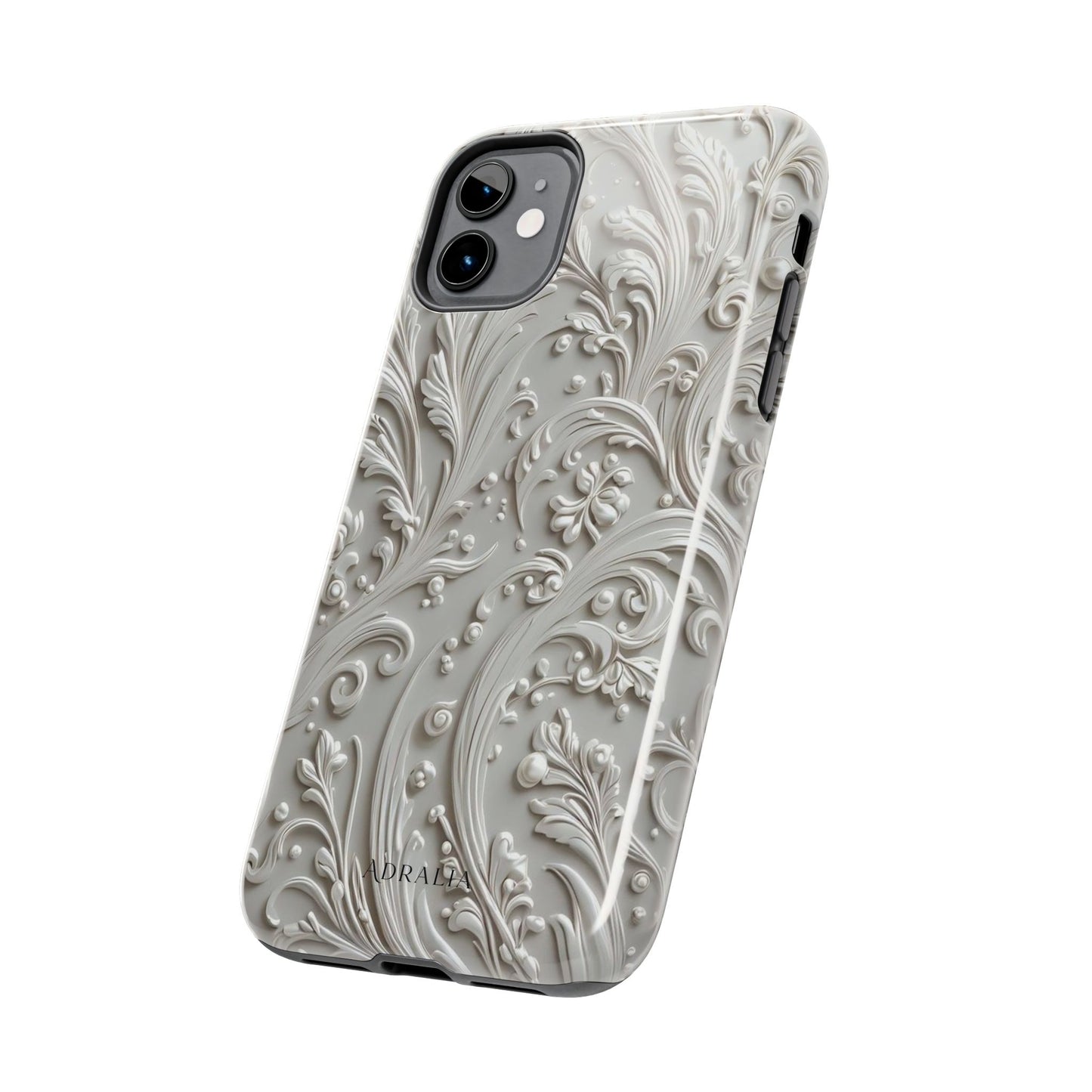 Ornate Baroque Relief Tough Phone Case — Gray Floral Scroll Protective Cover