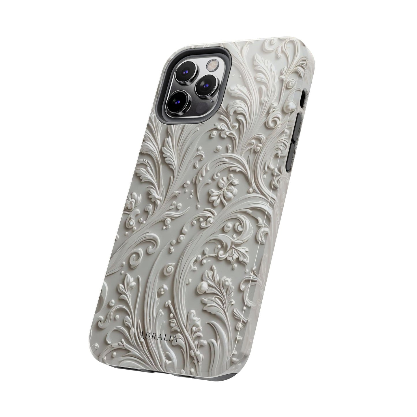 Ornate Baroque Relief Tough Phone Case — Gray Floral Scroll Protective Cover