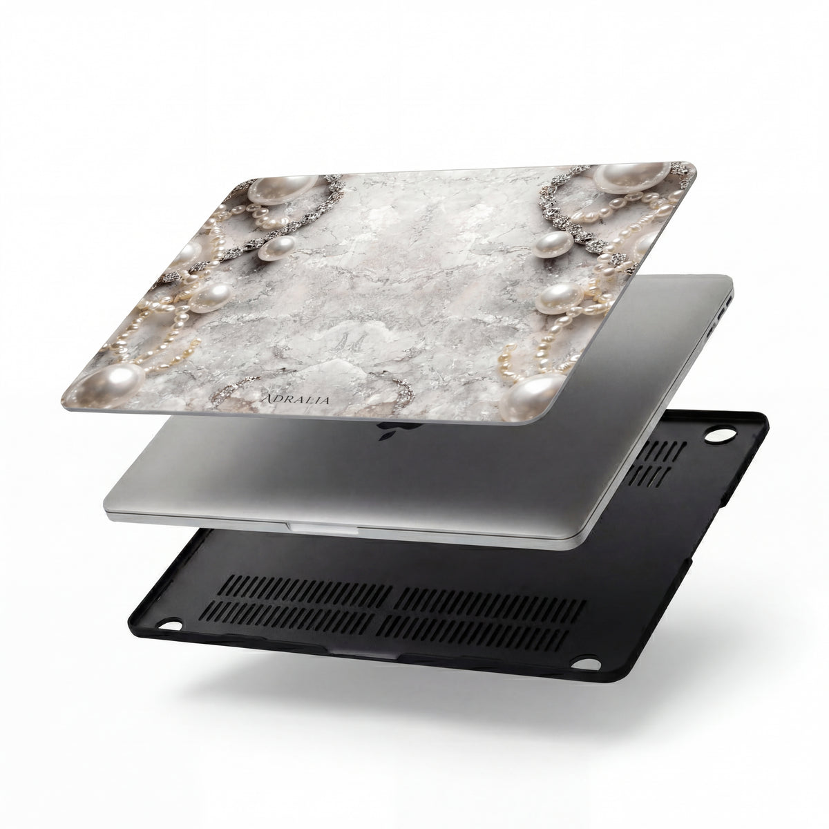 Pearl Elegance MacBook Case — Marble Texture Laptop Sleeve with Pearl Chain Accent