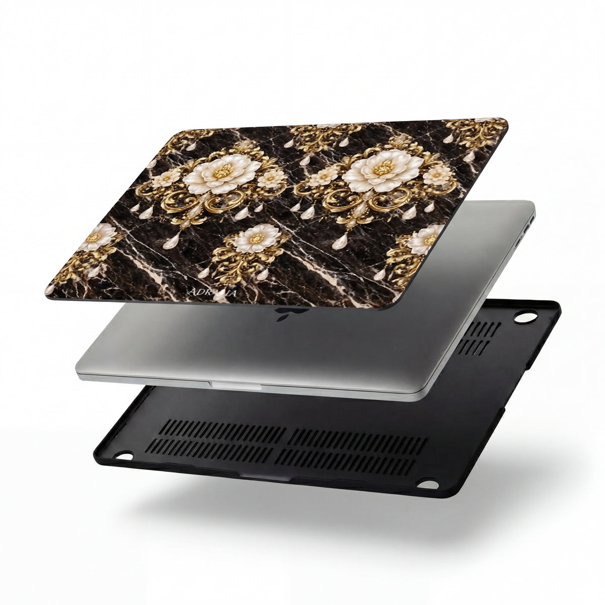 Baroque Gold Floral MacBook Case — Black Marble Pearl Ornament