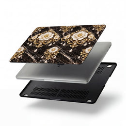 Baroque Gold Floral MacBook Case — Black Marble Pearl Ornament