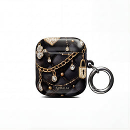 Lux Quilted Black AirPod Case — Gold Chain & Diamond Lock Design