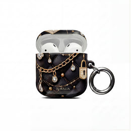 Lux Quilted Black AirPod Case — Gold Chain & Diamond Lock Design