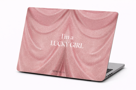 Pink Glitter 'I'm a Lucky Girl' MacBook Case — Feminine Sparkle Laptop Cover