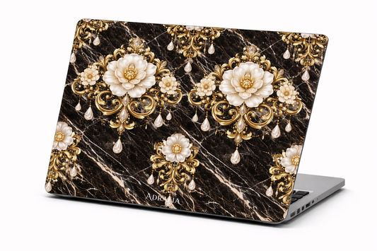 Baroque Gold Floral MacBook Case — Black Marble Pearl Ornament