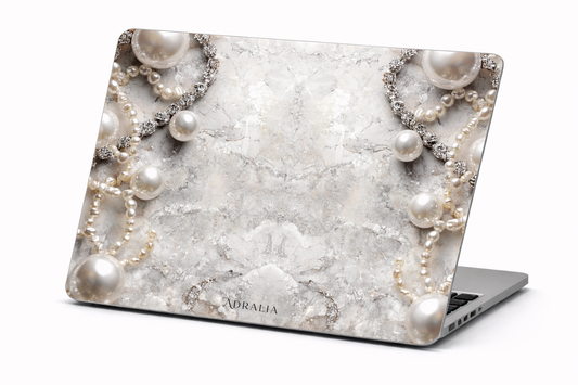 Pearl Elegance MacBook Case — Marble Texture Laptop Sleeve with Pearl Chain Accent