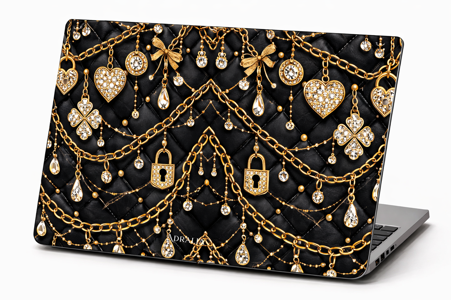 Jeweled Chains MacBook Case — Black Quilted Gold Lock & Diamond Charms