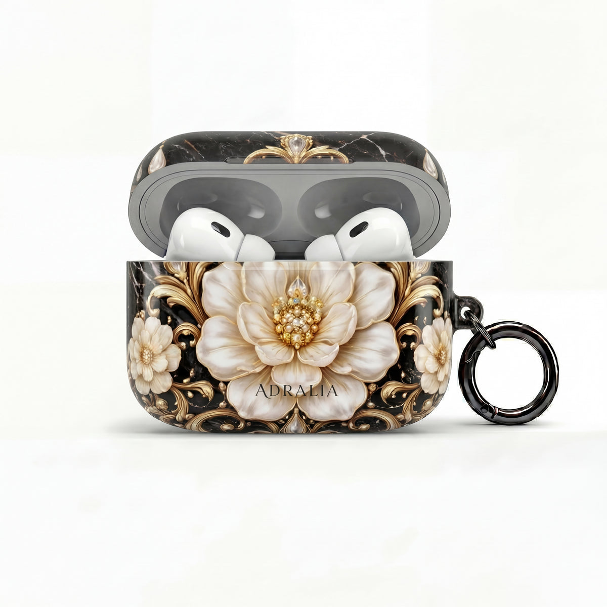 Floral Baroque AirPod Case — Black Marble Gold Flower Protective Cover
