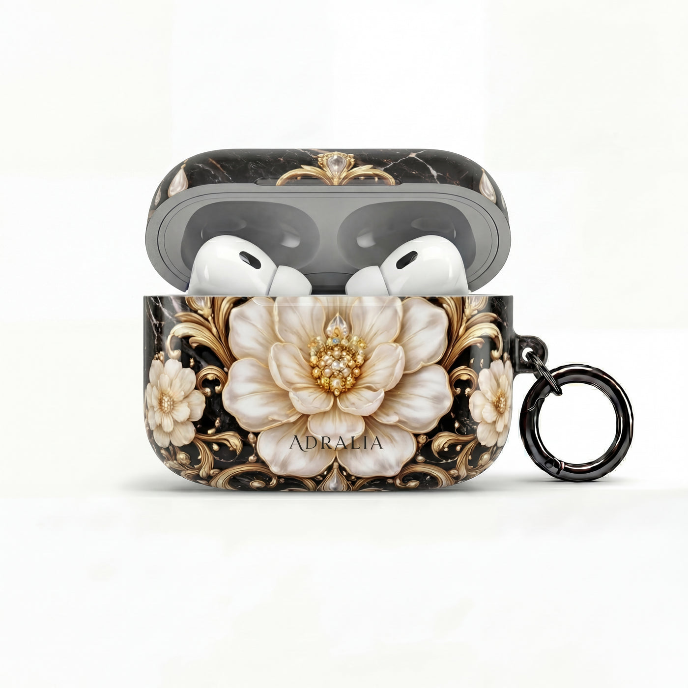 Floral Baroque AirPod Case — Black Marble Gold Flower Protective Cover