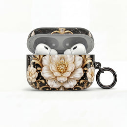 Floral Baroque AirPod Case — Black Marble Gold Flower Protective Cover