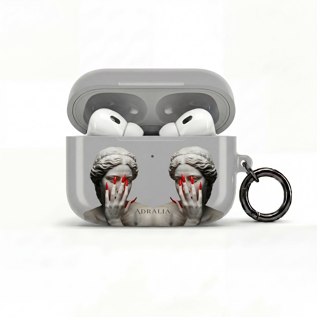 Statue Hands AirPod Case — Moody Grey Sculpture Design with Red Nails
