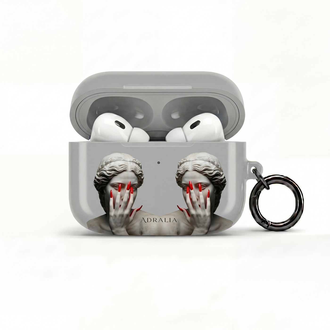 Statue Hands AirPod Case — Moody Grey Sculpture Design with Red Nails