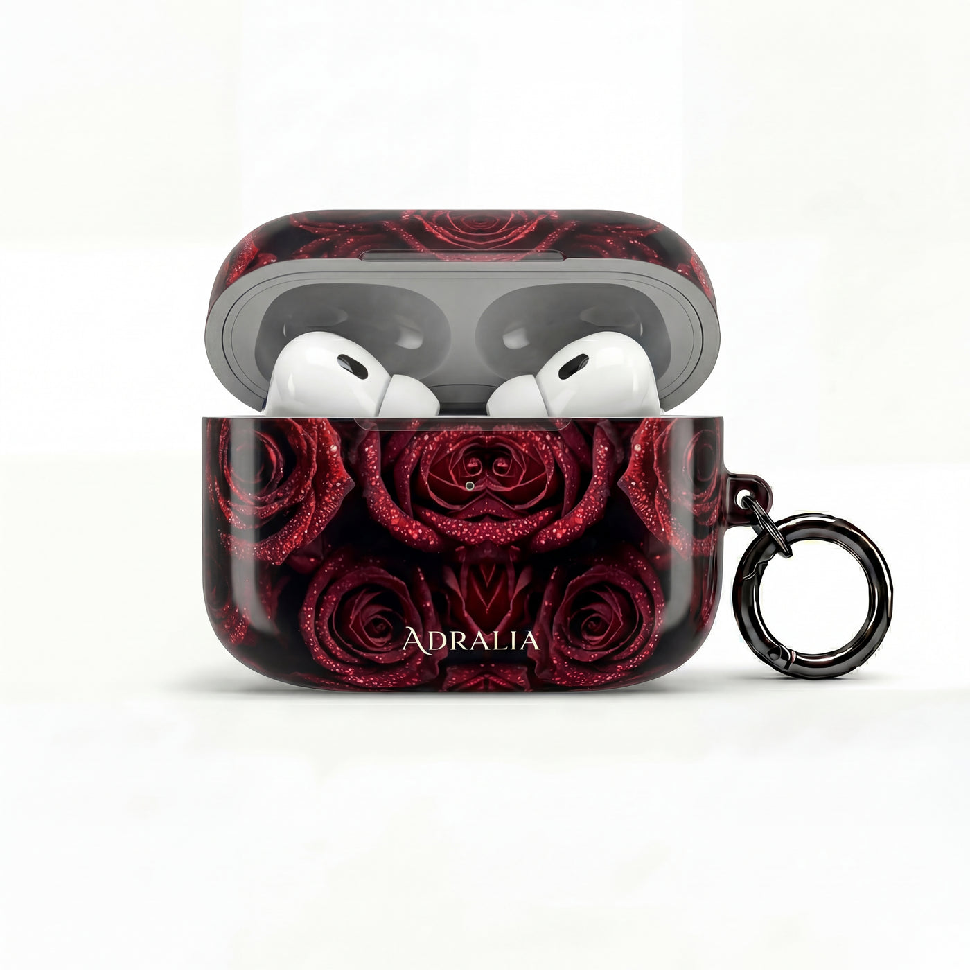 Rose Pattern AirPod Case — Red Floral Protective Cover with 'Adralia' Accent