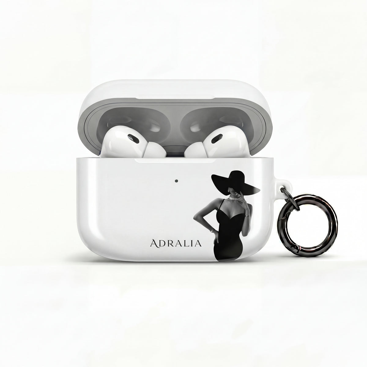 AirPods Case — Elegant Black Hat Silhouette with 'ADRALIA' Text