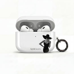 AirPods Case — Elegant Black Hat Silhouette with 'ADRALIA' Text