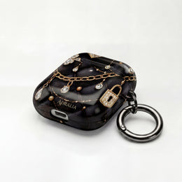 Lux Quilted Black AirPod Case — Gold Chain & Diamond Lock Design