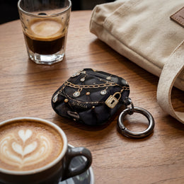 Lux Quilted Black AirPod Case — Gold Chain & Diamond Lock Design