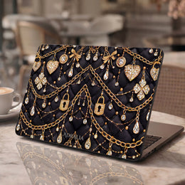 Jeweled Chains MacBook Case — Black Quilted Gold Lock & Diamond Charms