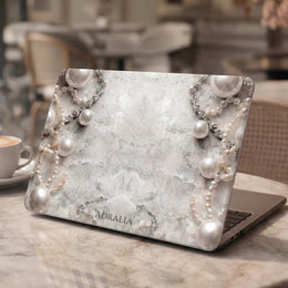Pearl Elegance MacBook Case — Marble Texture Laptop Sleeve with Pearl Chain Accent