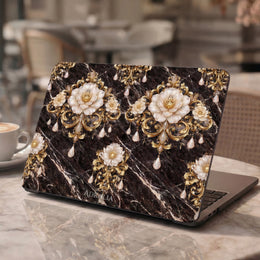 Baroque Gold Floral MacBook Case — Black Marble Pearl Ornament