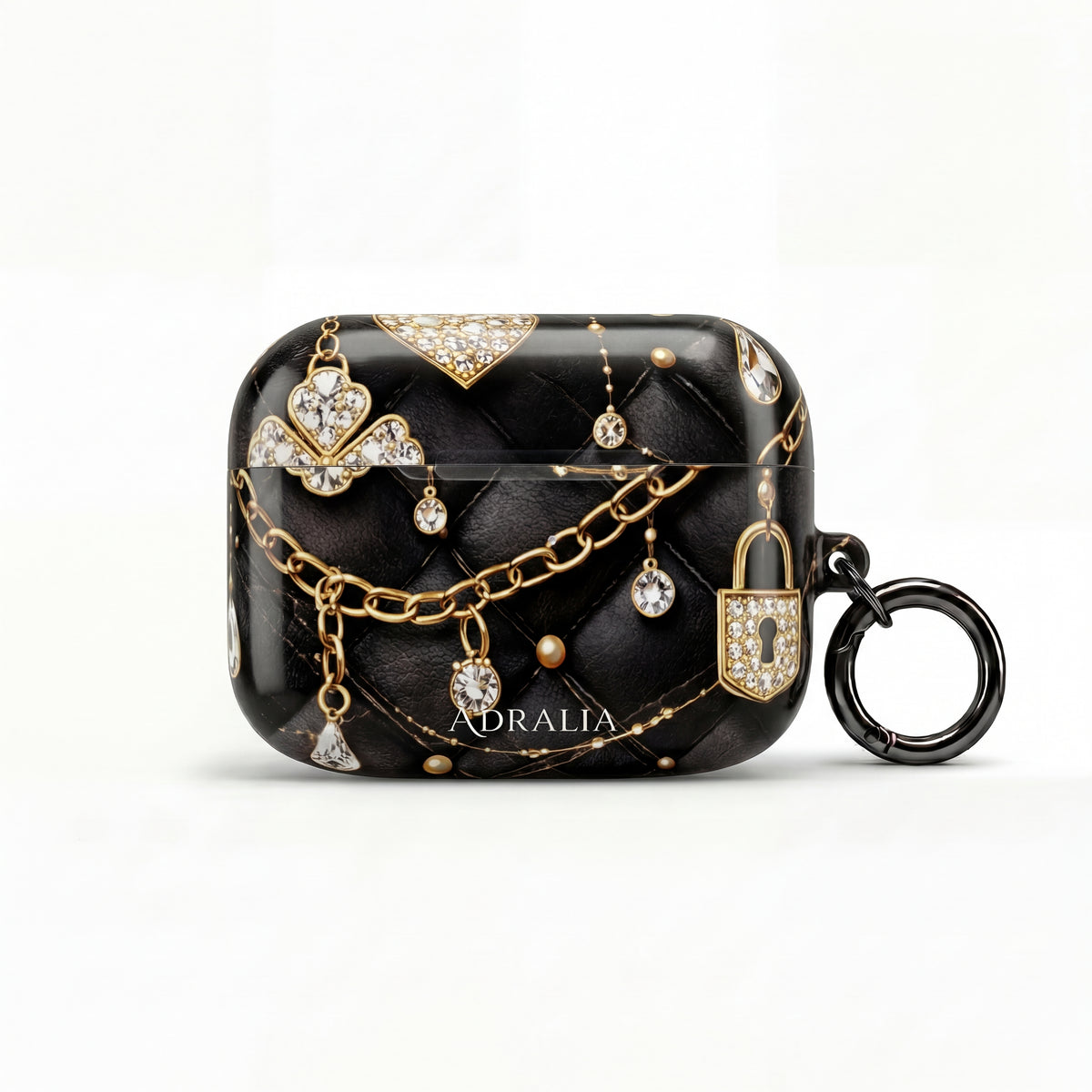 Lux Quilted Black AirPod Case — Gold Chain & Diamond Lock Design
