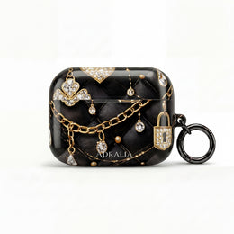Lux Quilted Black AirPod Case — Gold Chain & Diamond Lock Design