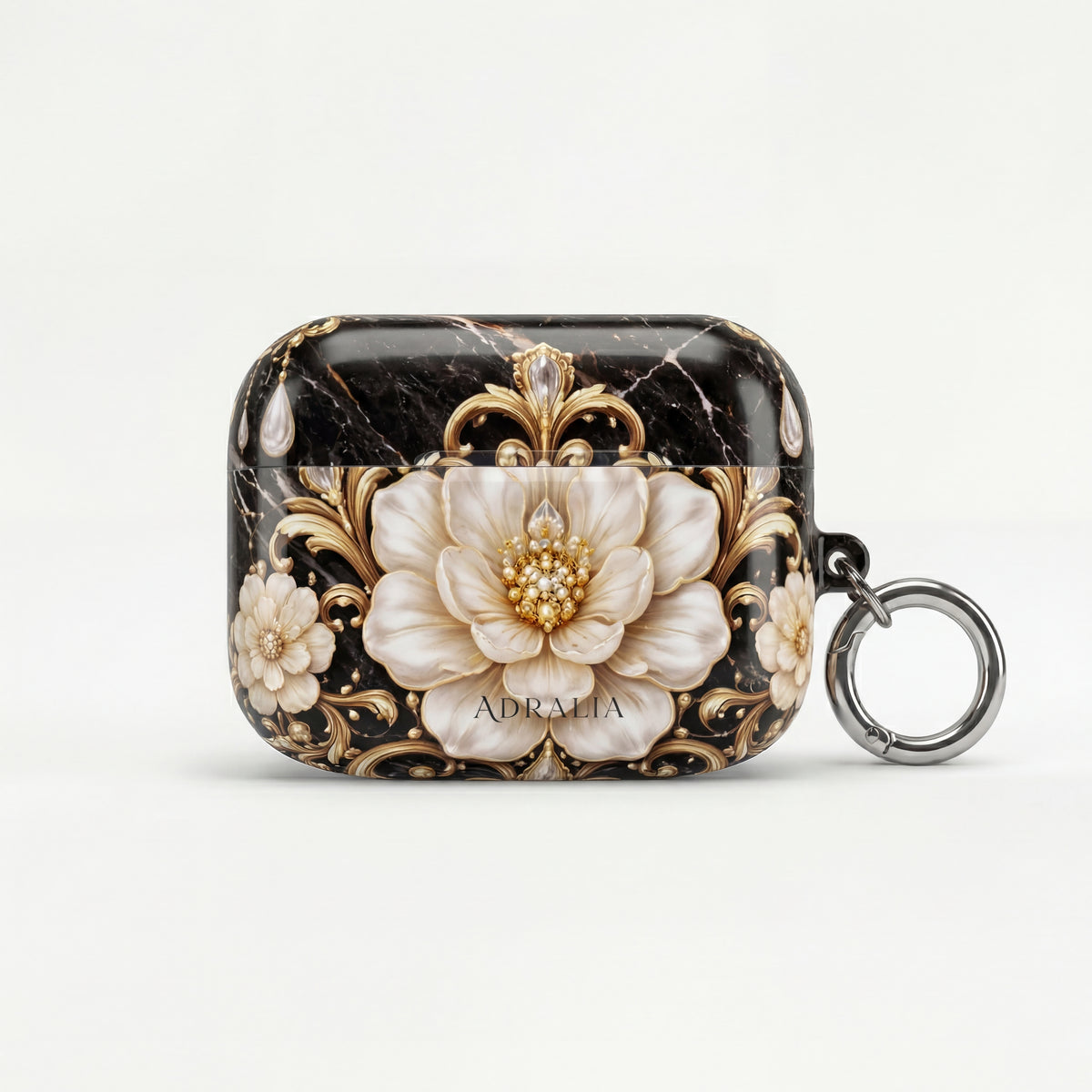 Floral Baroque AirPod Case — Black Marble Gold Flower Protective Cover