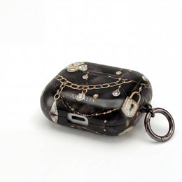 Lux Quilted Black AirPod Case — Gold Chain & Diamond Lock Design