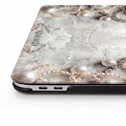 Pearl Elegance MacBook Case — Marble Texture Laptop Sleeve with Pearl Chain Accent